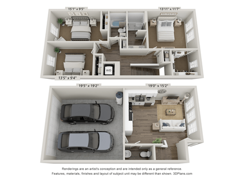 a 3d floor plan of a 1 bedroom apartment with a car in the garage